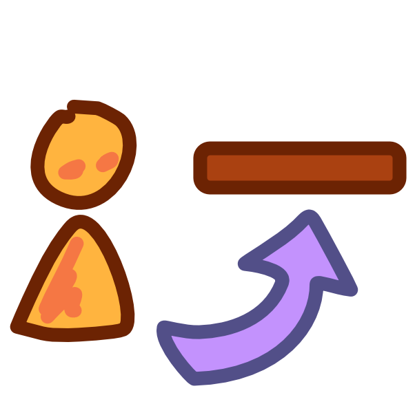 A yellow figure stands next to a brown rectangle. Below the rectangle is a curved purple arrow pointing from the figure to the rectangle. The image has dark line art